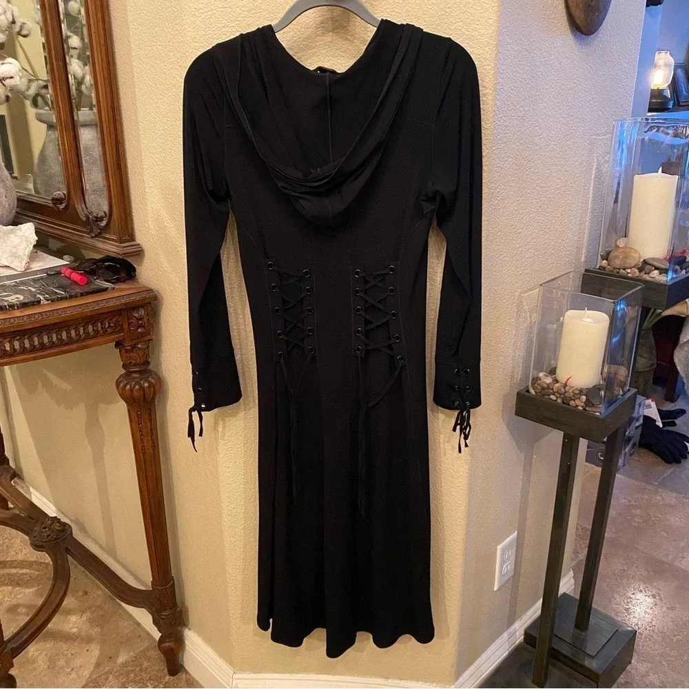 EVO VORRO Women Black Long Sleeve Hooded Lace Up Long Jacket Dress Size Small